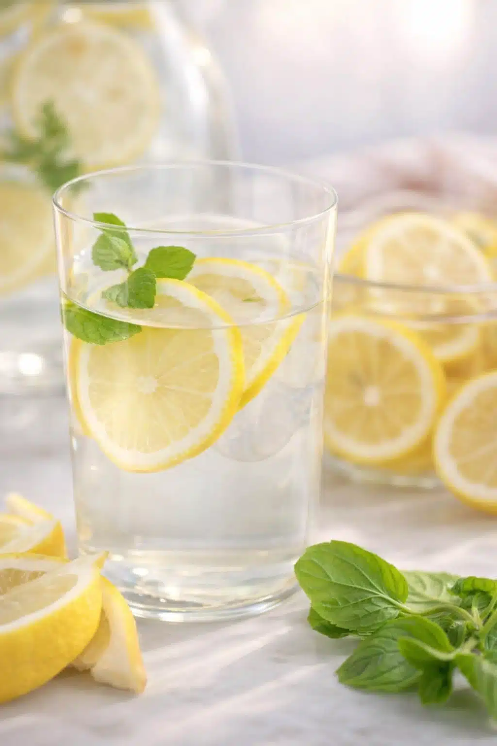 Glass of lemon water with lemon slices and mint on marble counter
