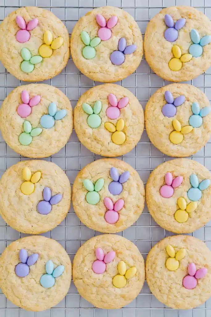  M&M Bunny Cookies arranged in rows on cooling rack