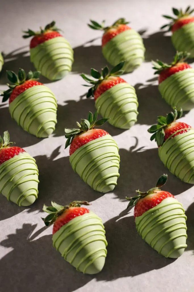 Matcha Covered Strawberries: A Simple, Stunning Dessert 6 Matcha covered strawberries with green chocolate drizzle in natural sunlight