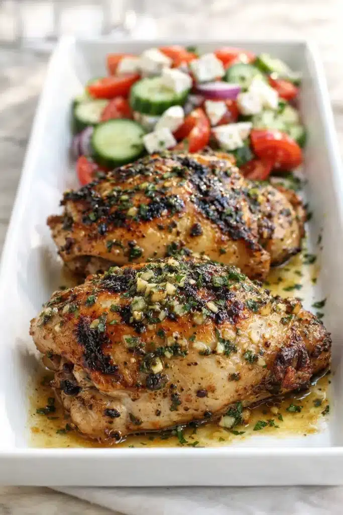 Grilled Mediterranean chicken thighs with garlic lemon herb sauce