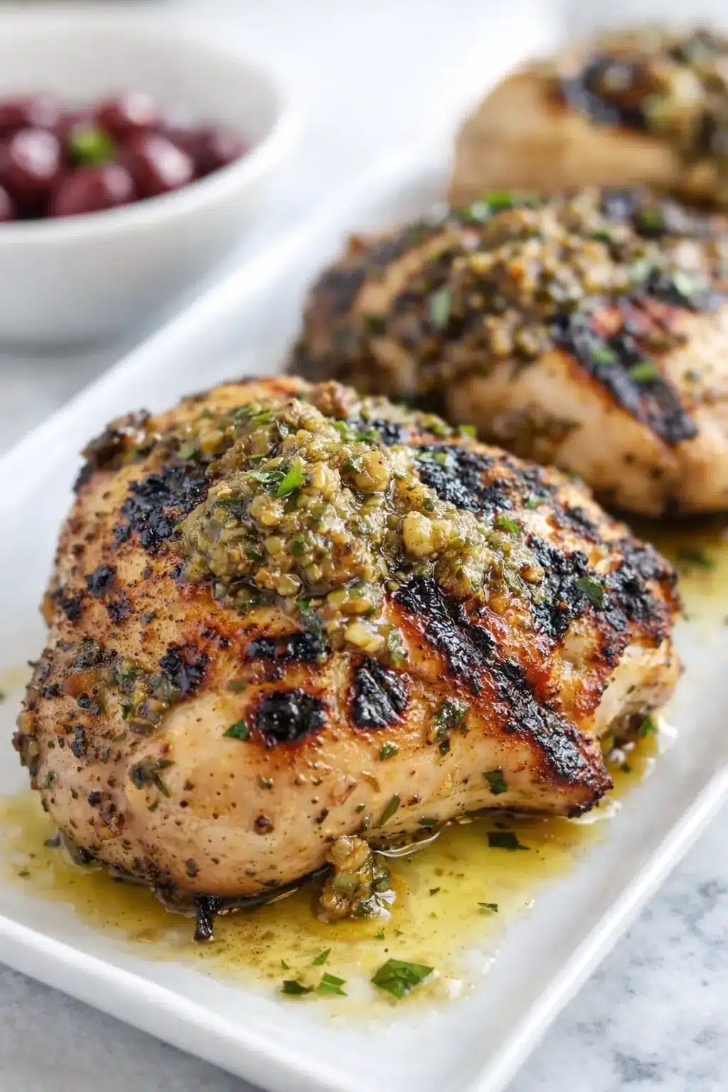 Mediterranean Chicken Marinade on grilled chicken with garlic lemon herb sauce