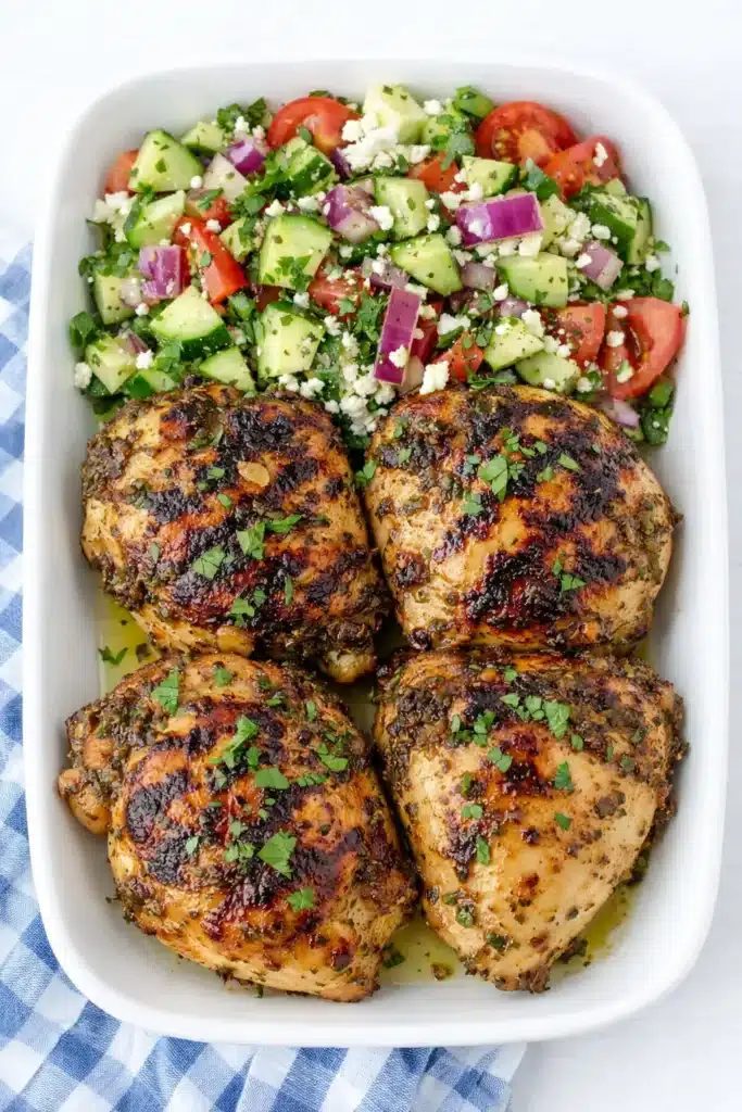Grilled Mediterranean chicken with fresh Greek salad in white dish
