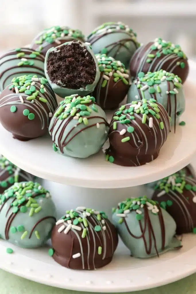 Mint Oreo balls on ceramic stand with chocolate drizzle and green sprinkles