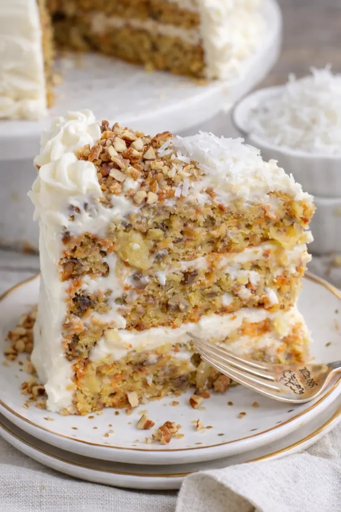 To Die For Carrot Cake slice with cream cheese frosting, coconut, and pecans