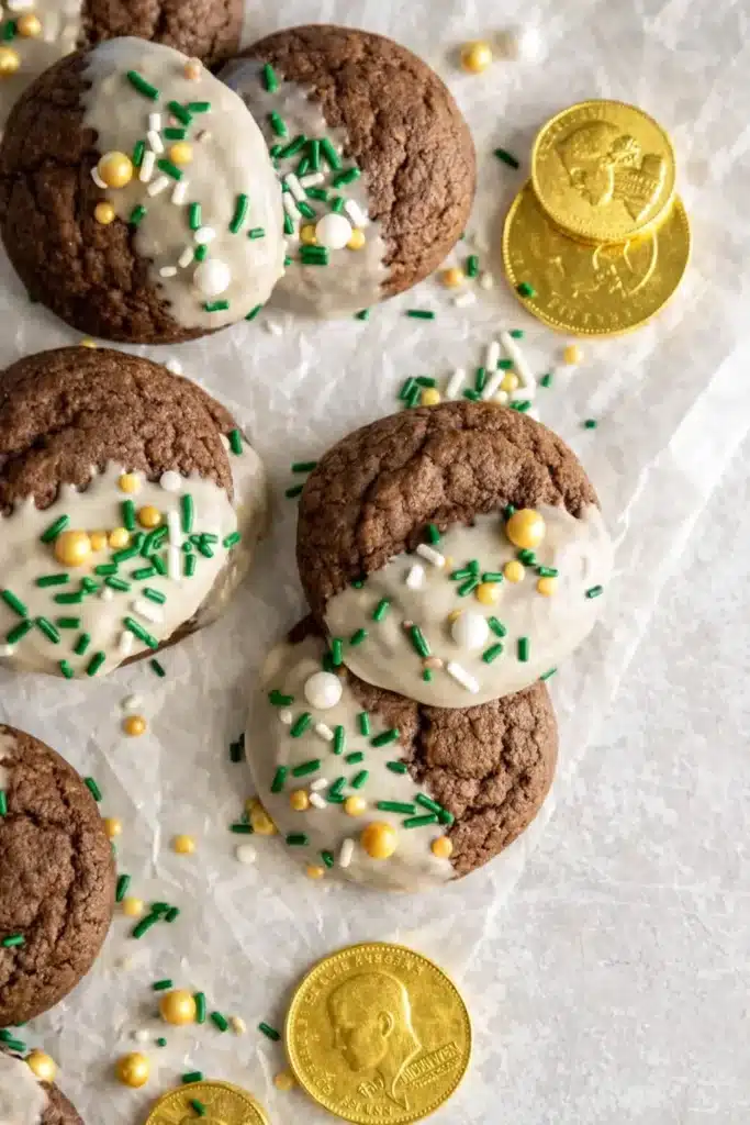Overhead Irish Cream Cookies with vanilla glaze and green sprinkles
