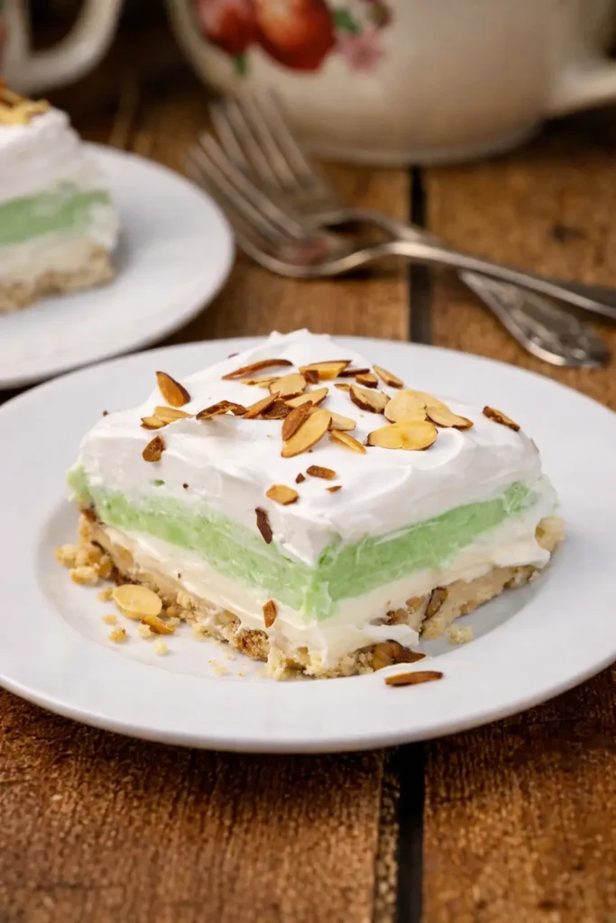 Layered pistachio lush dessert with nut crust and whipped topping