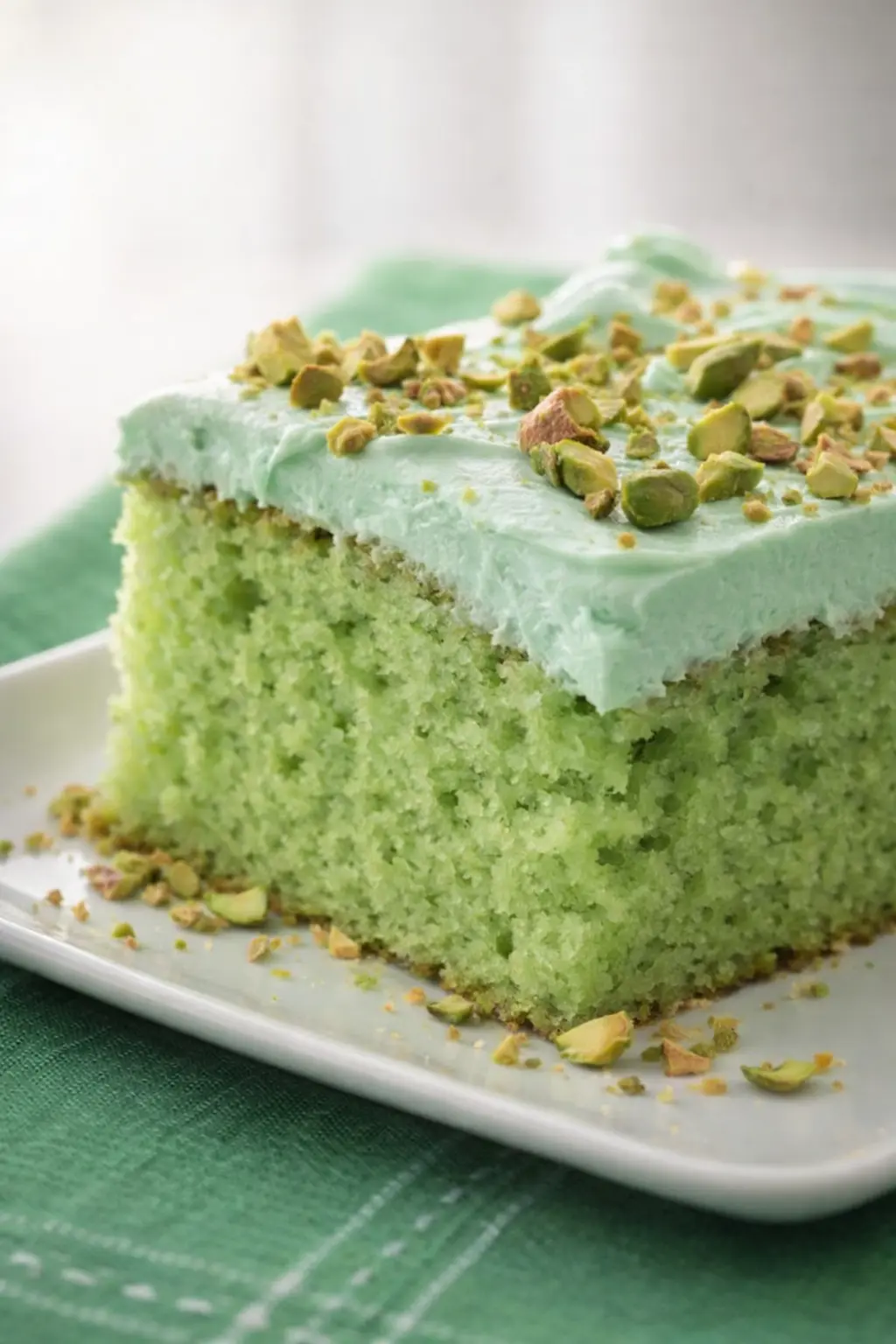 Slice of pistachio pudding cake with creamy frosting and chopped pistachios on top