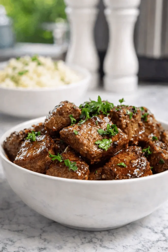 Garlic butter steak bites served in white bowl  
