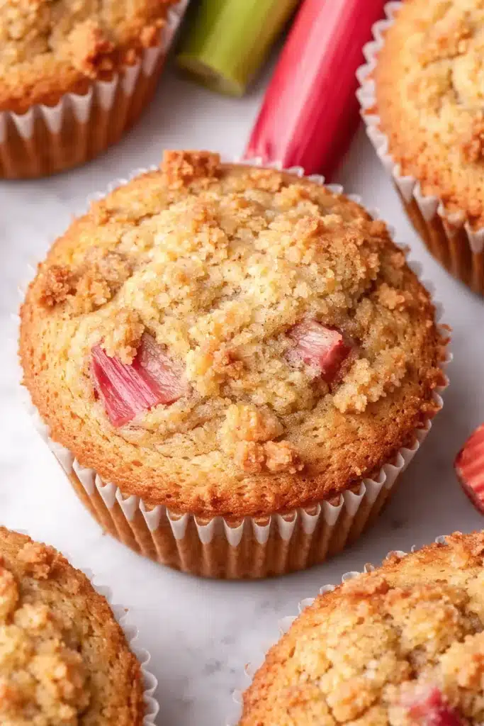 Quick Rhubarb Muffins Easy Amazing Treat 6 Quick Rhubarb Muffins with golden streusel and fresh rhubarb pieces