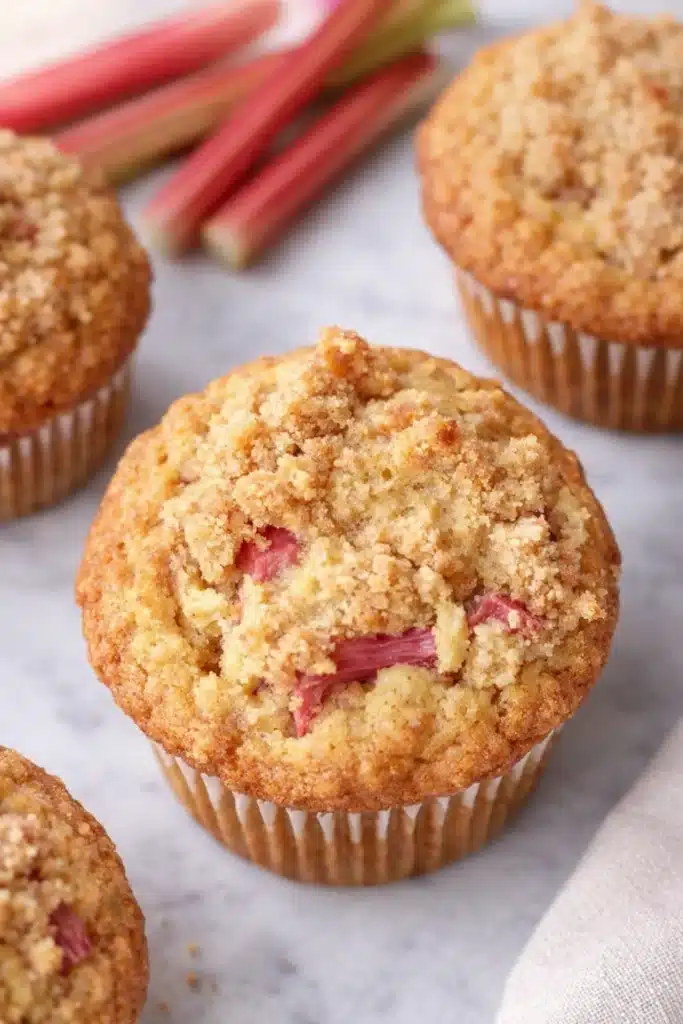 Quick Rhubarb Muffins Easy Amazing Treat 5 Quick Rhubarb Muffins with golden streusel topping and fresh rhubarb
