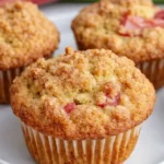 Golden rhubarb streusel muffins with crumb topping on ceramic plate