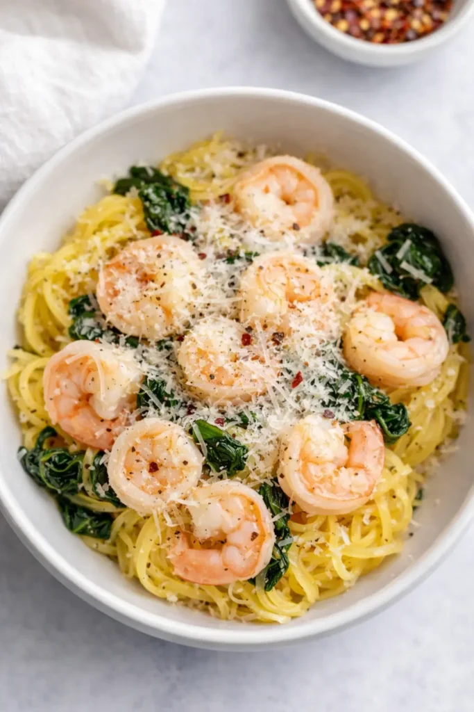 Shrimp scampi with spaghetti squash and spinach in a white bowl