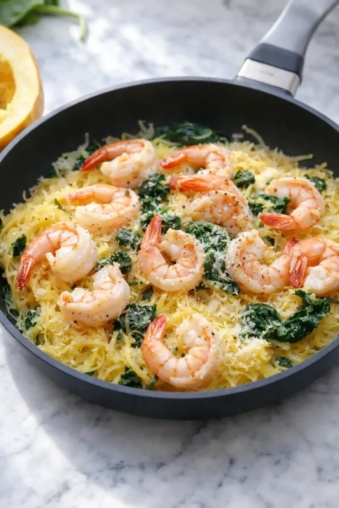 Shrimp scampi with spaghetti squash and spinach in a skillet