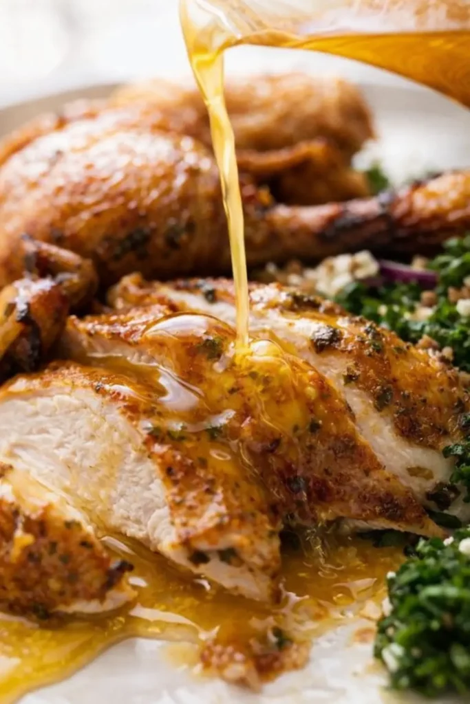 Roast Chicken with Garlic Herb Butter Recipe Guide 6 Roast Chicken slices with crispy skin and golden pan juices
