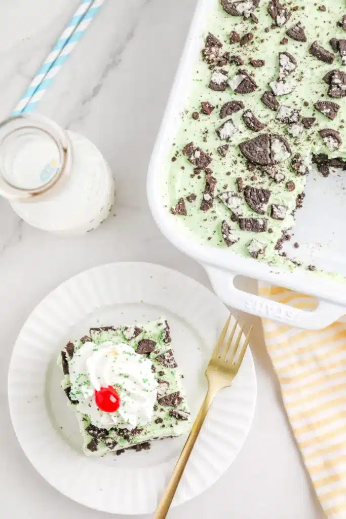 Shamrock Lasagna overhead view with plated mint Oreo slice