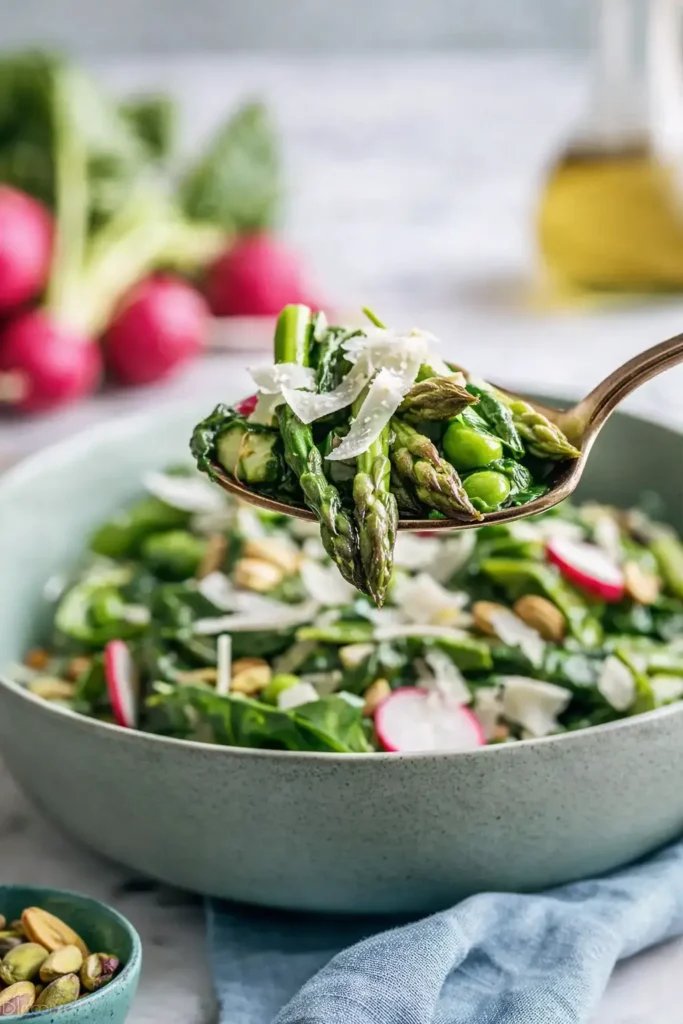 Simple Easter Vegetable Salad with asparagus lifted on spoon