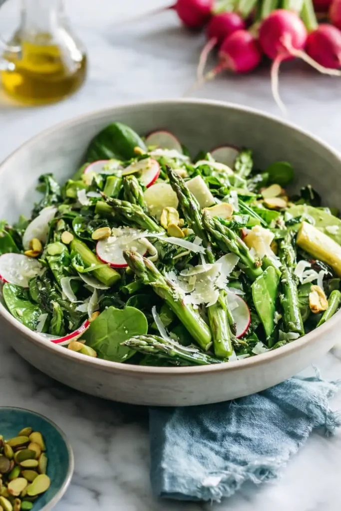 Simple Easter Vegetable Salad with asparagus, snap peas, radishes, and lemon dressing