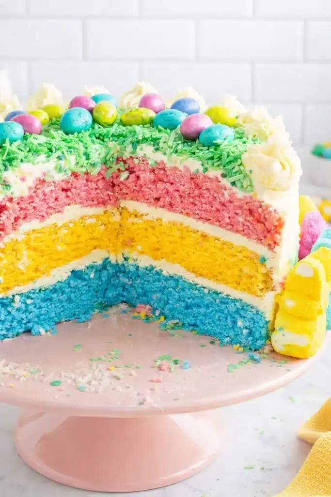 Easter Peep Cake Amazing Festive Surprise 9 Sliced Easter Peep Cake with colorful layers and coconut grass topping