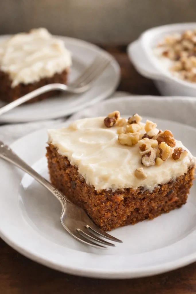 Small carrot cake slice with cream cheese frosting and walnuts on white plate