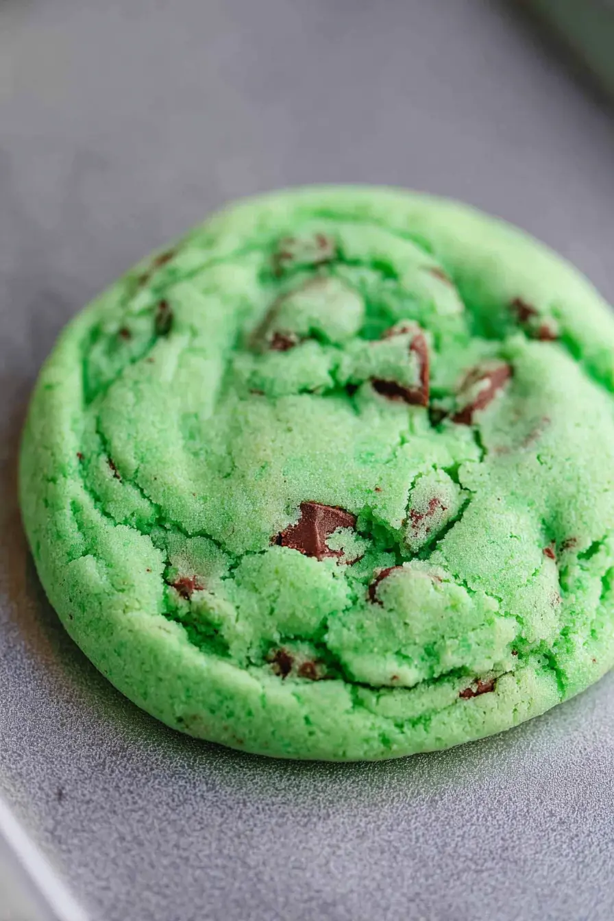 Soft and chewy mint chocolate chip cookie with melted chocolate chunks on marble surface