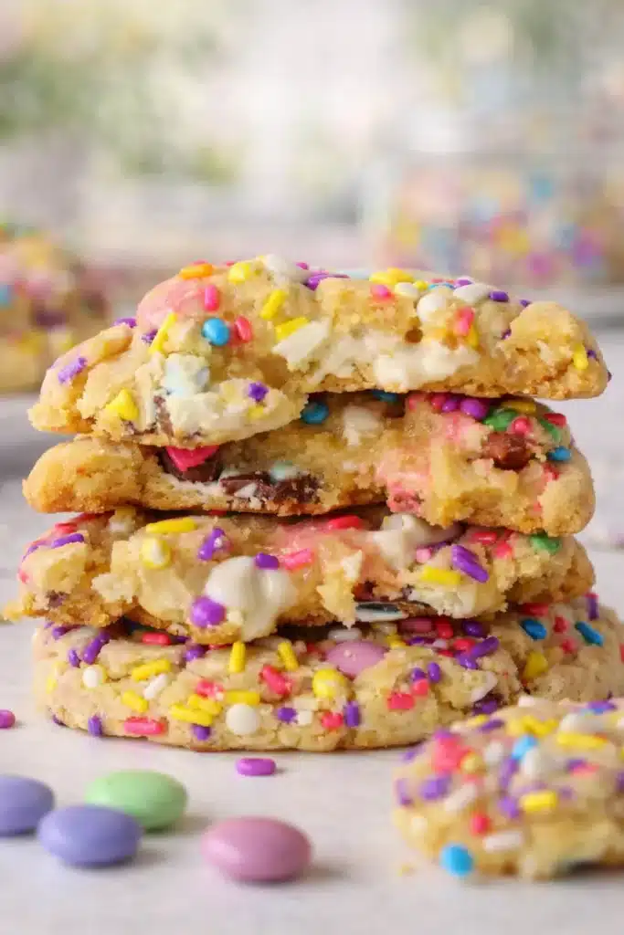 Stack of colorful Easter cookies with sprinkles and white chocolate
