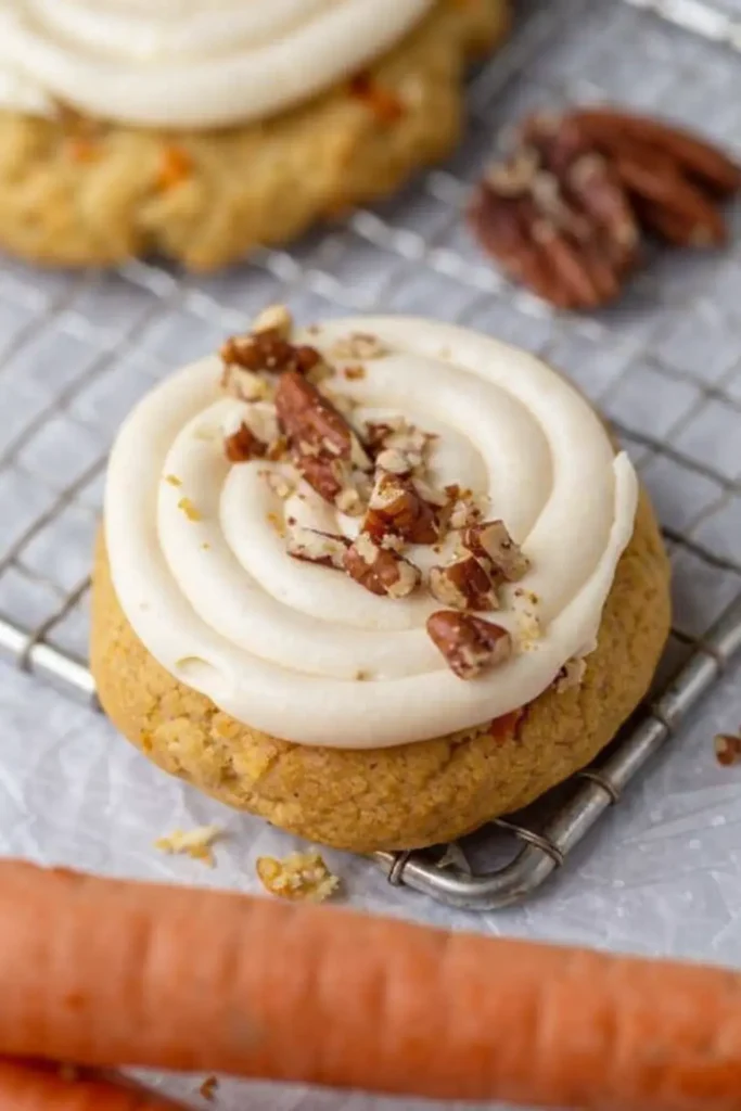 Spiced Crumbl Carrot Cake Cookies copycat recipe 10 Spiced Crumbl Carrot Cake Cookies copycat recipe with cream cheese frosting and pecans