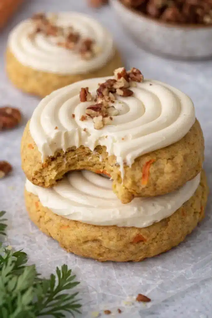 Spiced Crumbl Carrot Cake Cookies copycat recipe 11 Spiced Crumbl Carrot Cake Cookies copycat recipe stacked with cream cheese frosting