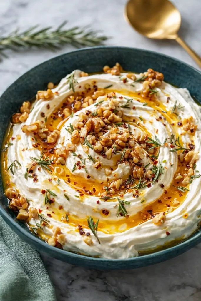Spicy ricotta dip with hot honey, toasted nuts and rosemary in ceramic bowl