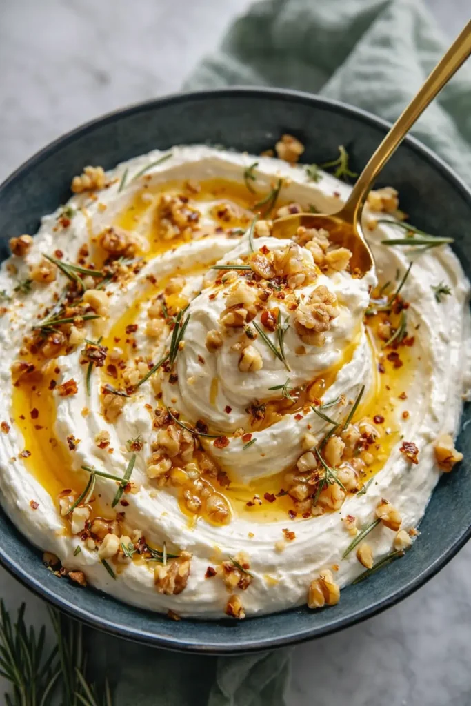 Spicy Ricotta Dip with Hot Honey Amazing Flavor 5 Spicy Ricotta Dip with Hot Honey with spoon lifting creamy ricotta