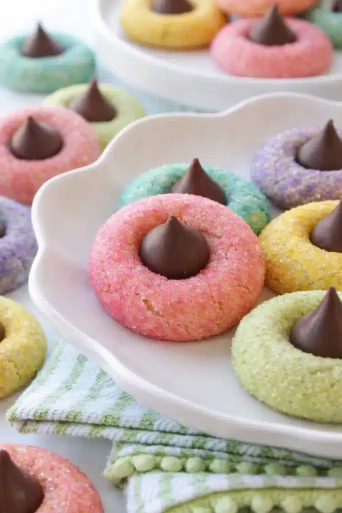 Colorful spring blossom cookies with chocolate centers on a white plate
