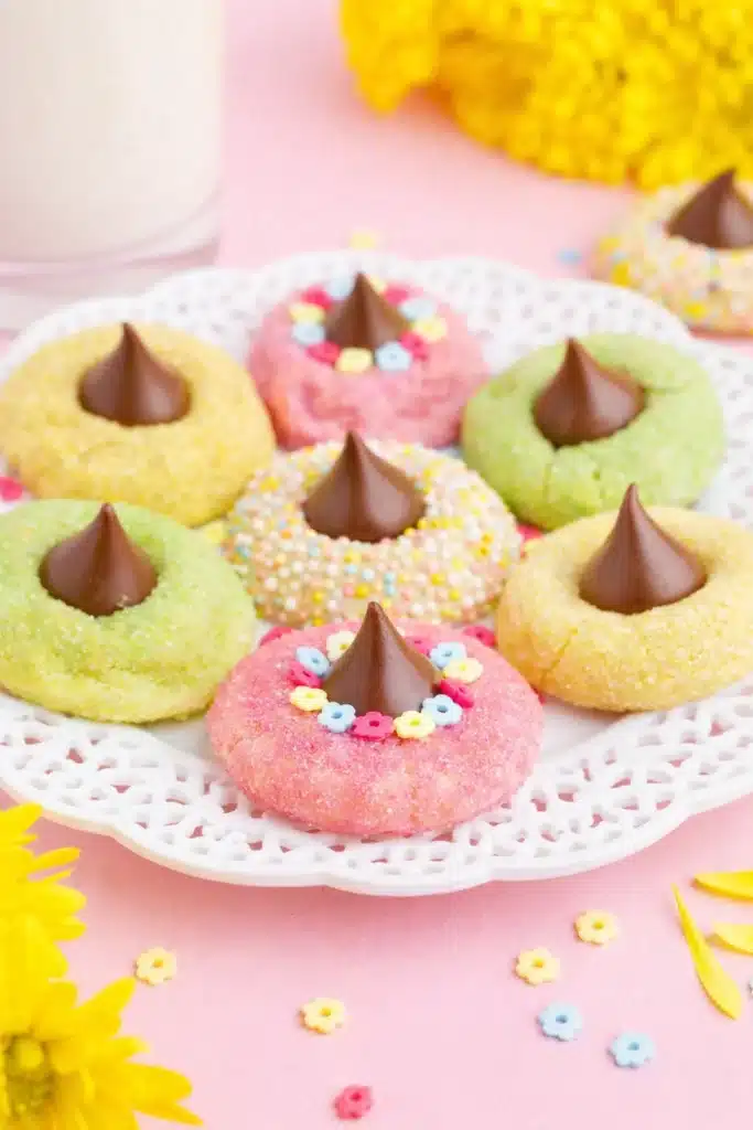 Spring Blossom Cookies Easy Colorful Easter Treat 9 Spring Blossom Cookies on lace plate with chocolate centers