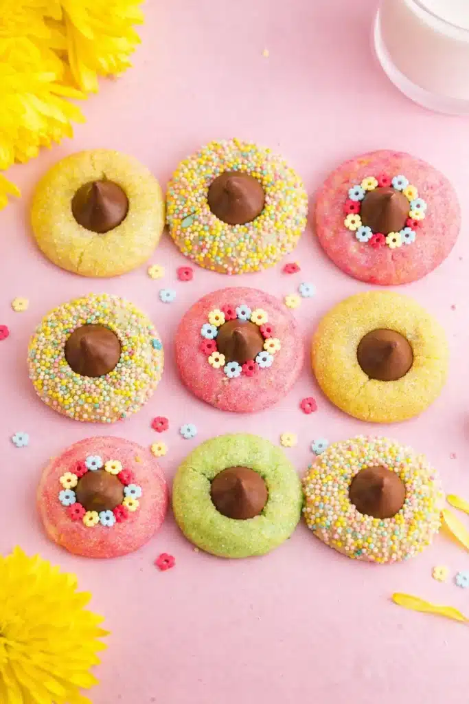 Spring Blossom Cookies Easy Colorful Easter Treat 10 Spring Blossom Cookies arranged on pink background with chocolate centers