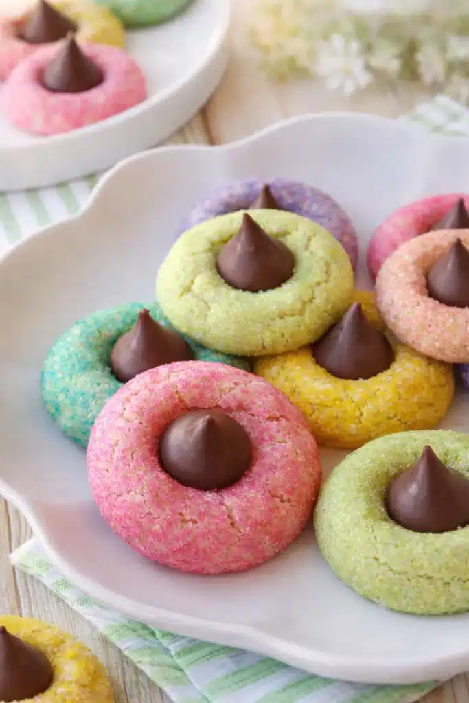 Pastel spring blossom cookies with chocolate centers on white plate