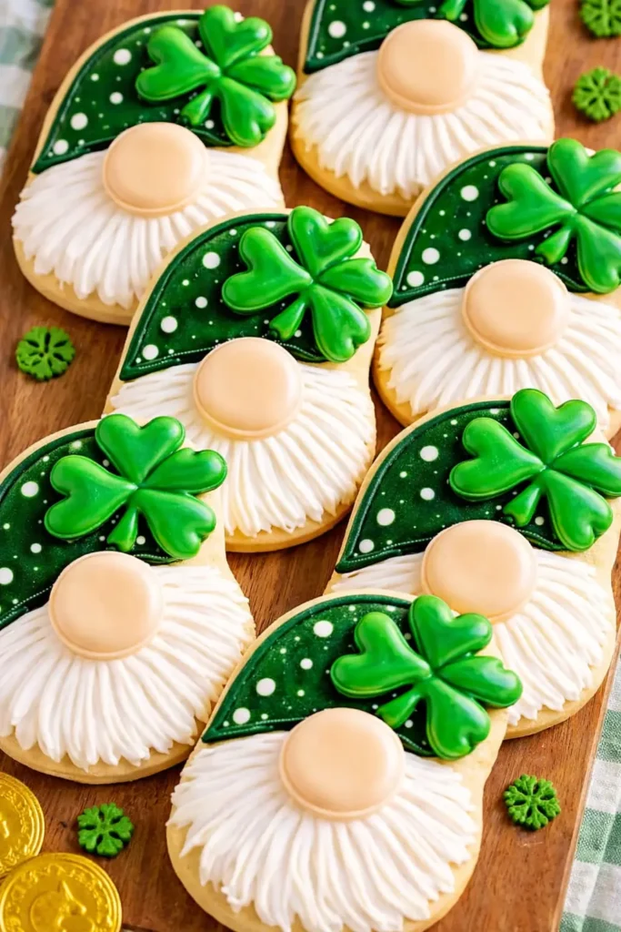 St. Patrick’s Day Gnome Cookies with green hats and textured royal icing beards