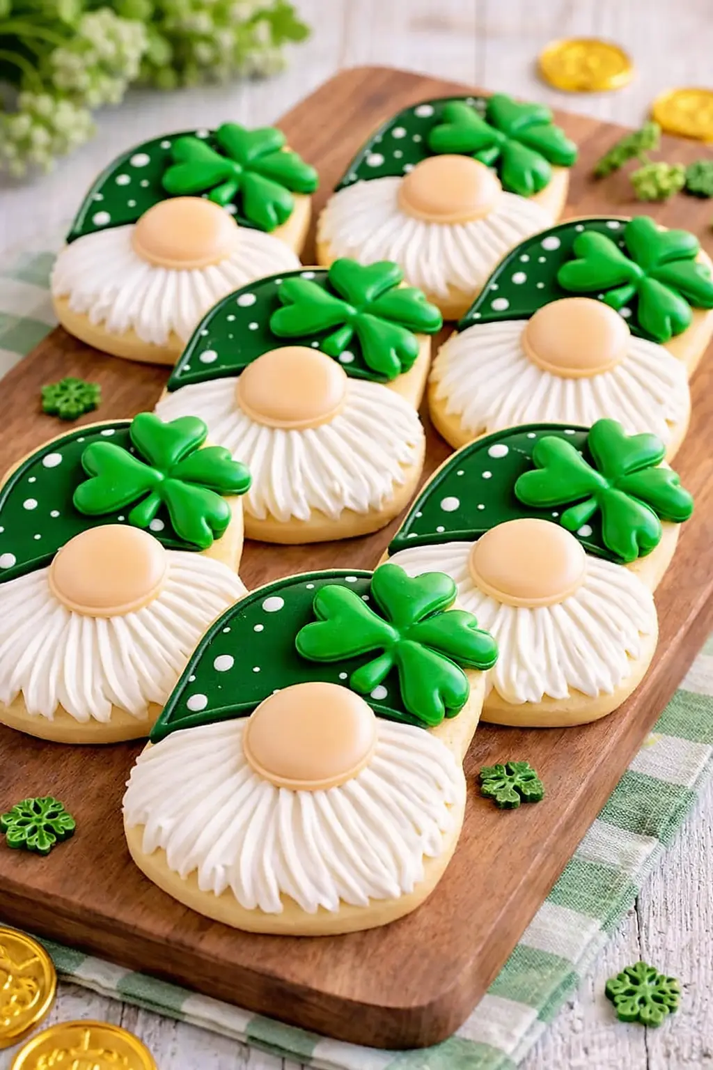 St. Patrick’s Day gnome cookies with green hats and white royal icing beards on marble board