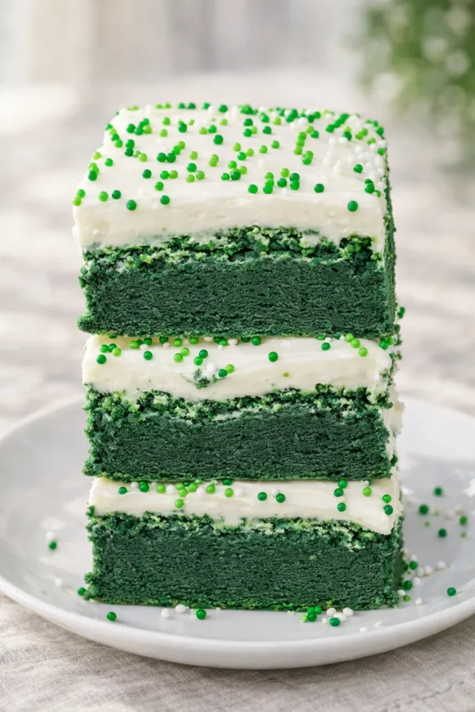 Stacked Green Velvet Brownies with cream cheese frosting and green sprinkles