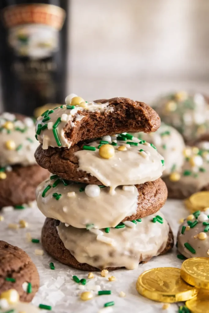 Stacked Irish Cream Cookies with glossy glaze and soft chocolate center