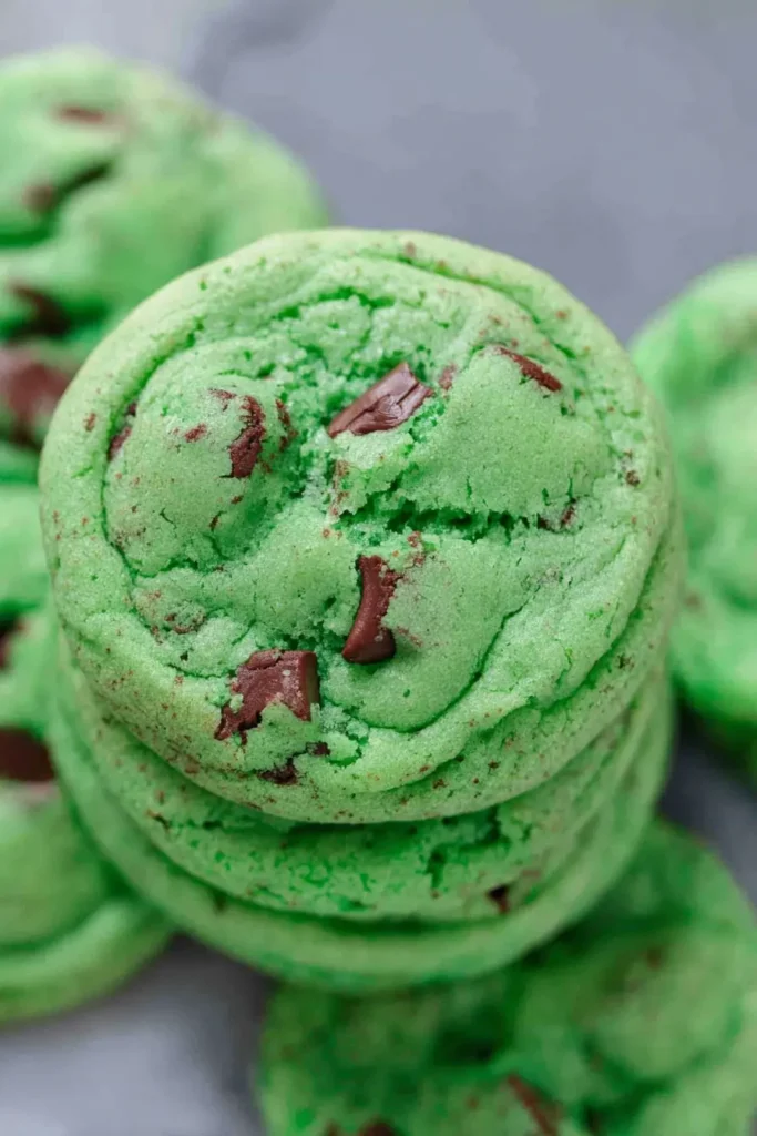 Mint Chocolate Chip Cookies Amazing Soft Treat 5 Stacked Mint Chocolate Chip Cookies with soft chewy texture and chocolate chunks