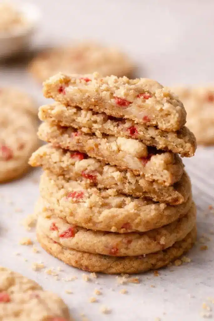 Strawberry Shortcake Cookies Recipe | Soft, Sweet Treats 7 Stack of strawberry shortcake cookies showing chewy centers and buttery crumbs