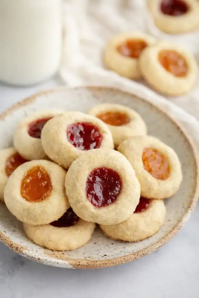 Stacked thumbprint cookies with glossy jam centers in ceramic bowl
