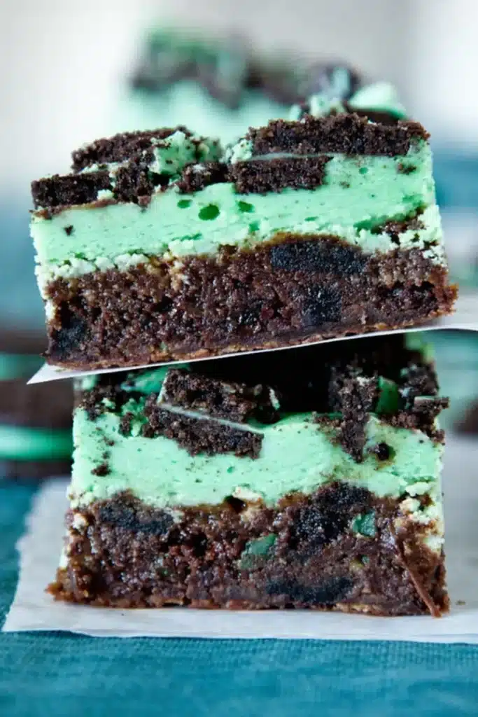 Triple Layer Mint Brownies Amazing Fudgy Treat 9 Triple Layer Mint Brownies stacked showing fudgy chocolate and mint layers