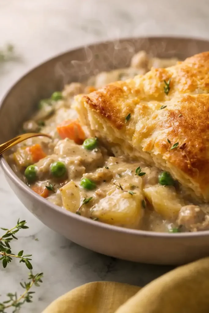 Crock Pot Ground Turkey Pot Pie | Easy, Comforting Dinner 6 Steaming crock pot ground turkey pot pie with golden crust and creamy filling