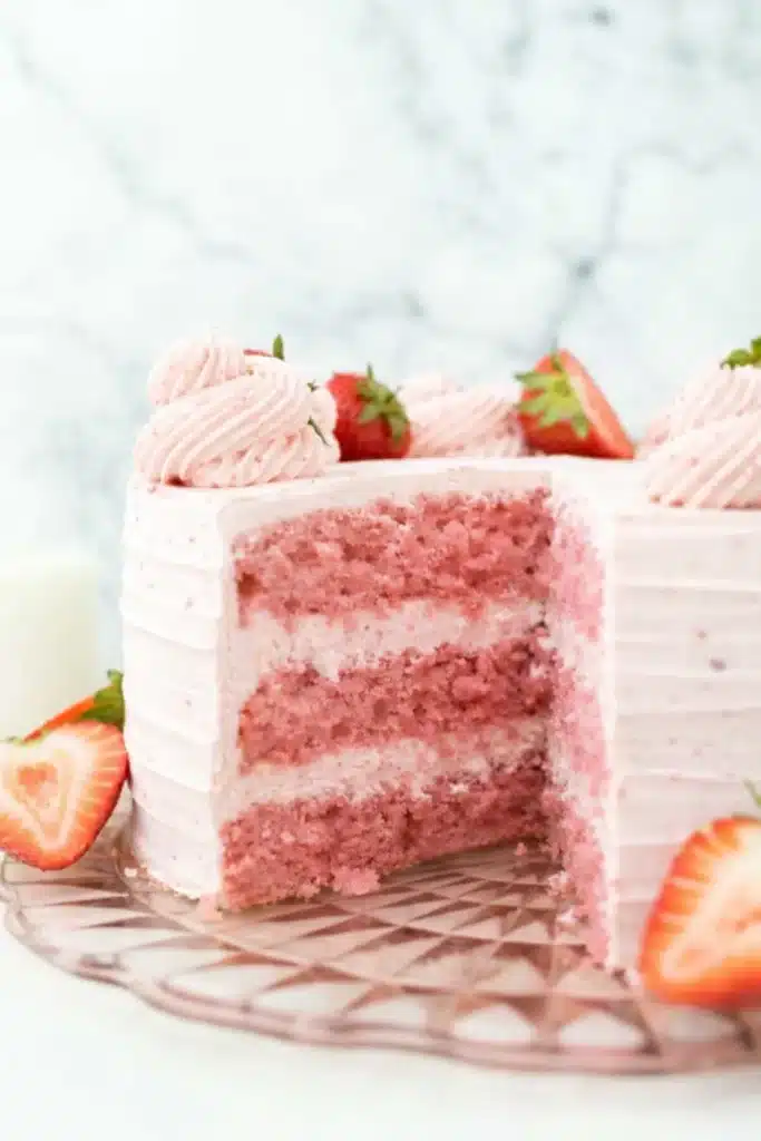 Strawberry Cake with Strawberry Frosting | Sweet & Simple 8 Three-layer strawberry cake with strawberry frosting and sliced view