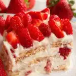 Close-up of creamy strawberry icebox cake layered with graham crackers and fresh strawberries