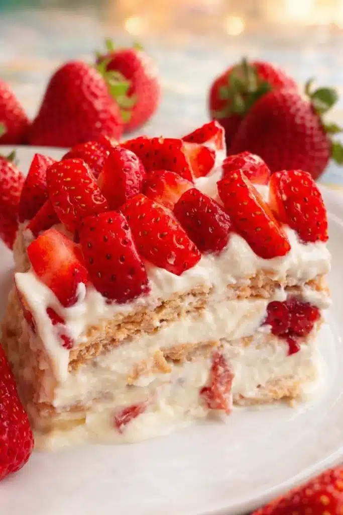 Close-up of creamy strawberry icebox cake layered with graham crackers and fresh strawberries