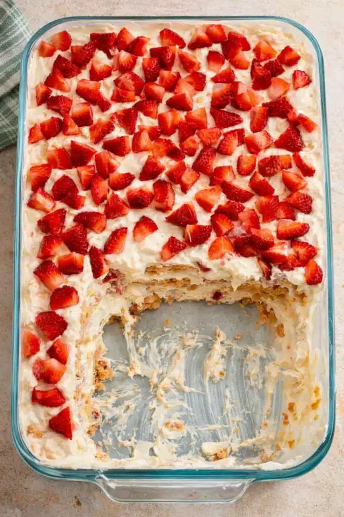 Strawberry Icebox Cake | Simple & Delicious No-Bake Treat 6 Strawberry icebox cake in a glass dish with creamy layers and fresh strawberries