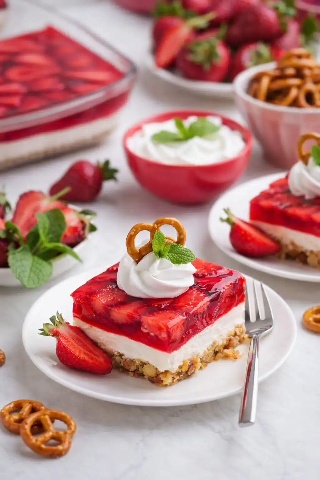 Strawberry pretzel dessert slice with whipped cream and mint on white plate