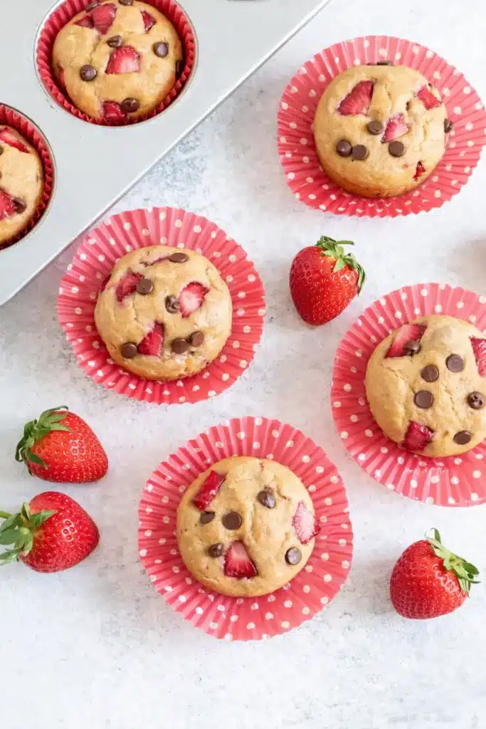 Strawberry Protein Muffins Quick Powerful Breakfast Boost 6 Strawberry Protein Muffins with chocolate chips and fresh strawberries