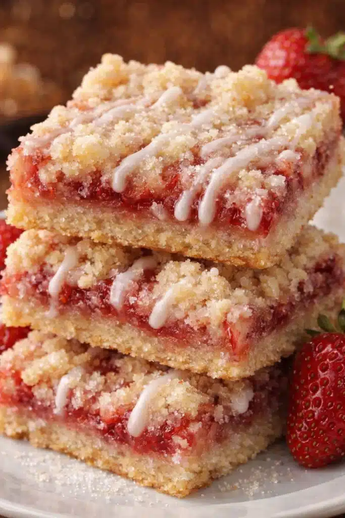 Stacked strawberry shortcake bars with crumb topping and vanilla drizzle