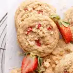 Soft strawberry shortcake cookies with fresh strawberry pieces and buttery crumbs